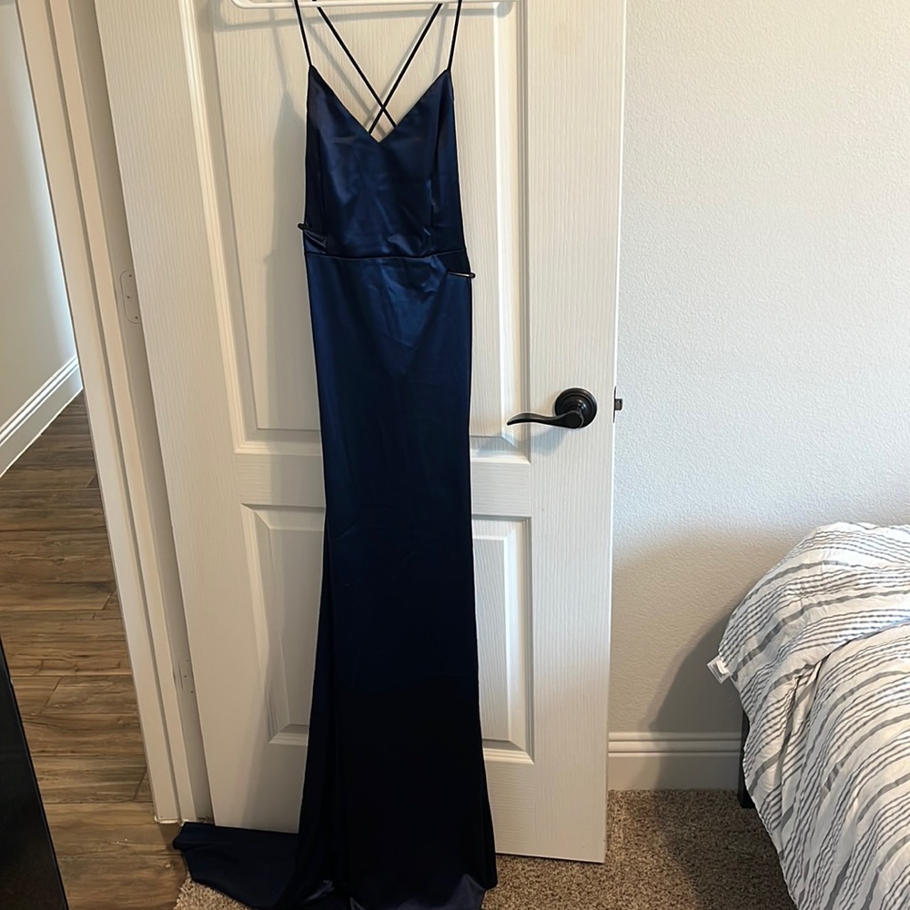 Navy Blue Silk Long Dress with Cross Back By Windsor